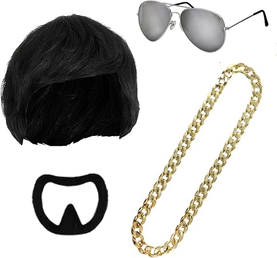 EduPlayte 4PCS Ibiza Final Boss Costume Accessory Set, Hip Hop Costume Kit, Black Bowl Cut Wig, Goatee Stick On, Gold Chain & Glasses – Funny Fancy Dress Costume Kit for Festivals, Parties, Carnival