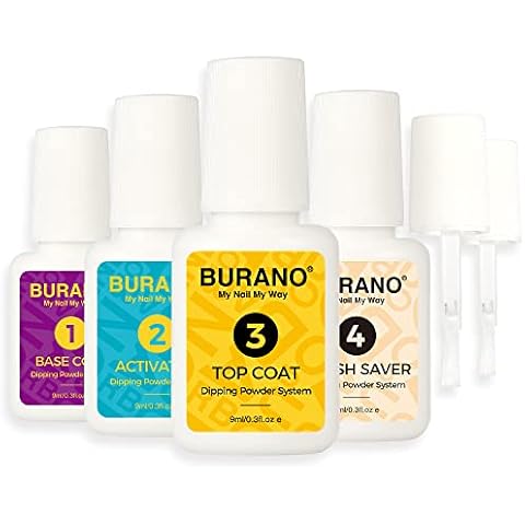 BURANO Dip Powder Liquid Set, 0.3oz 9ml Dip Powder Base Top Coat with Activator Brush Saver for Dipping Powder Nail Kit, No Nail Lamp Needed Cover