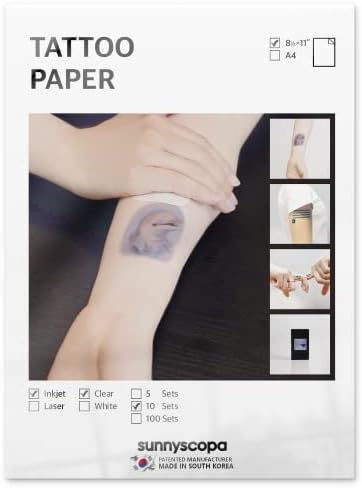 Sunnyscopa Printable Temporary Tattoo Paper for INKJET printer - US LETTER SIZE 8.5"X11", 10 SHEETS - DIY Personalized Image Transfer Sheet for skin - Custom Waterslide Decal Stencil Henna