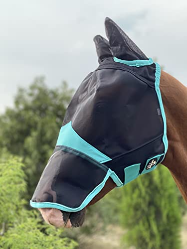 TGW RIDING Horse Mask Full Face Mesh Mask Fine Mesh with Ears and Long Nose (Cob, Black/Turquoise) - Image 8
