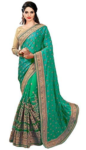 Nivah Fashion Women's Dhupion Silk & Net Half N Half Real Diamond With Embroidery Dori Work Saree, Green, One size