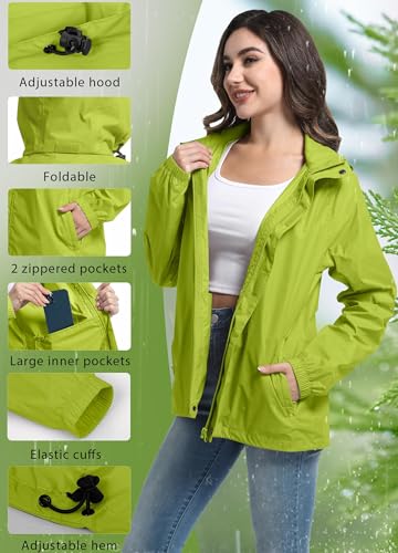 ATLASLAVA Regenjacke Damen Dünne Faltbar Fahrradjacke Wasserdicht Leicht Outdoorjacke mit Kapuze Fahrrad Wandern Zitrone Grün XL