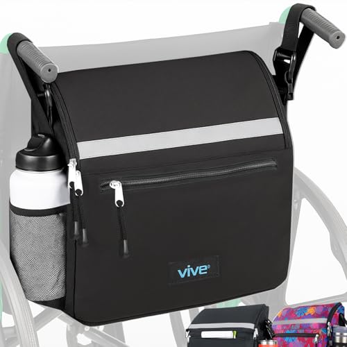 Vive Wheelchair Bag - Premium Backpack w/Cup Holder - Wheelchair Accessories for Seniors & Adults - Adjustable Waterproof Machine-Washable Scratch-Resistant Storage Bag w/Shoulder Strap (Black)