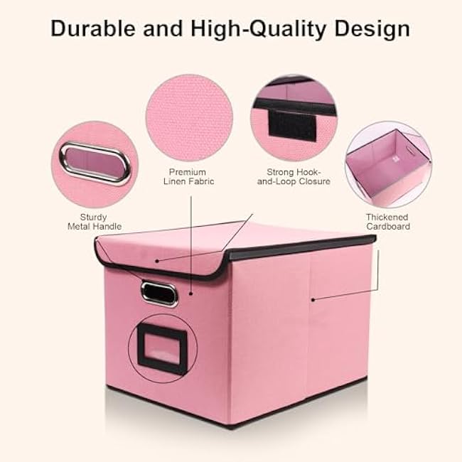 File Storage Box with Lid, Foldable Large Capacity Organizer with Handle, Perfect for Home, Office, and Closet Organization(Pink)