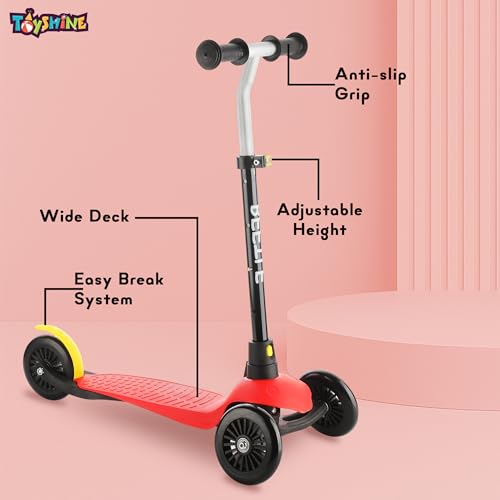 Image of Toyshine 3 Wheel Beetle LED Wheels Runner Scooter with Anti Slip ABS Base Aluminium Structure Height Adjustable Handlebar Hold Upto 25kg for Kids Boys Girls - Red