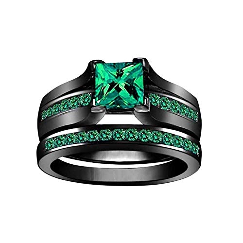 Jewelry New Green Cubic Zircon Set Ring,14KT Black Gold Plated Wedding/Engagement Rings, Couple Ring Jewelry Black Gold Plated Princess Cut Blue Or Green Cz 2pcs Wedding Engagement Ring Bridal Sets