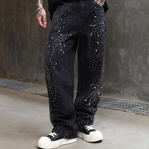 Mens Sparkly Rhinestone Jeans Vintage Loose Straight Leg Denim Pants3