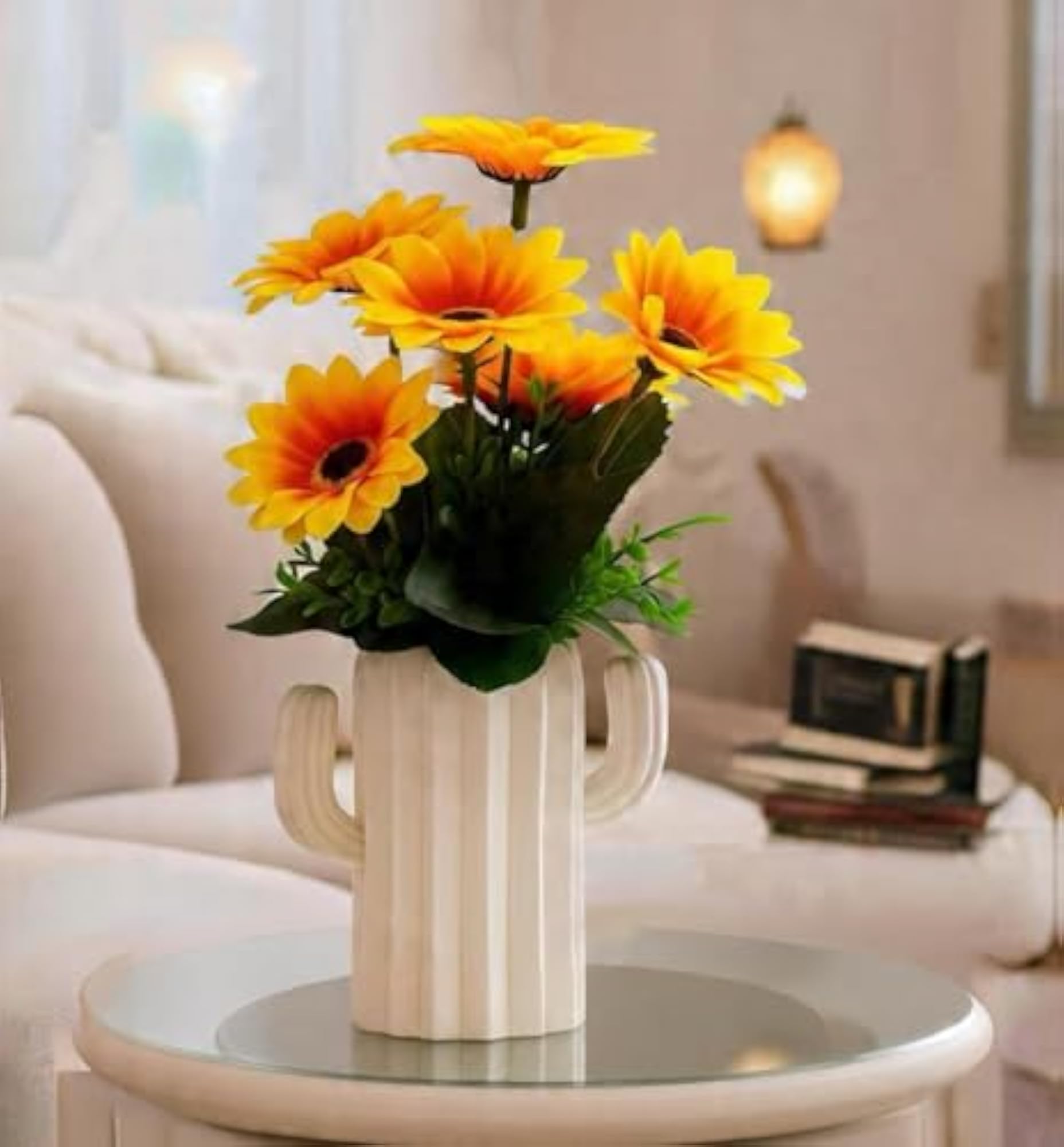 Cactus Shaped Ceramic Flower Pot with Artificial Sunflower Arrangement