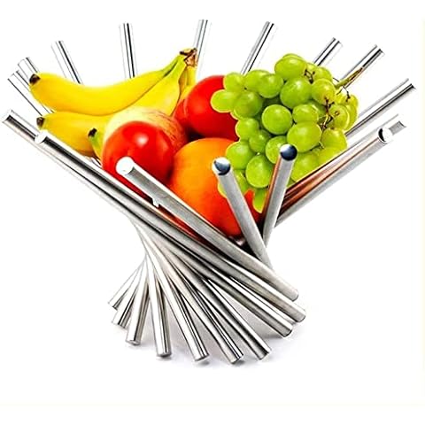 Pkge Silver Collapsible Fruit Basket, Fruit Holder, Decorative Bowl, Stainless Steel Rotation Fruit Bowl for Kitchen Counter, Fruit Stand, Decorative Bowl Kitchen and Dining Table Decoration Cover