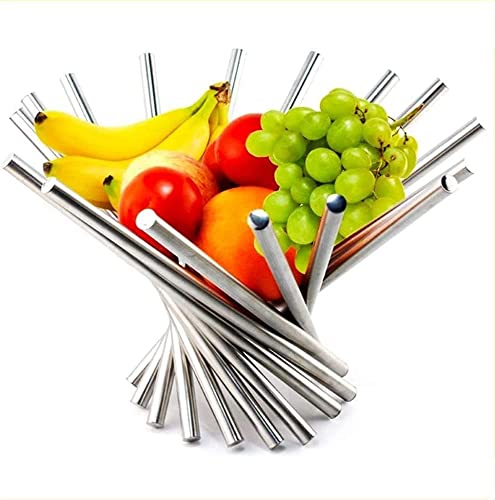 PKGE Silberne zusammenklappbare moderne Obstschale aus Edelstahl, kreative dekorative Obstschale mit einzigartigem Design, für die Küche, Bananen-, Apfel- und Trauben (1 Stück) Cover