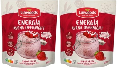 Linwoods Avena Overnight Energia Fresa, Sin Gluten, con Semillas de Chía y Quinoa, Mezcla para Desayuno, 2 x 300g