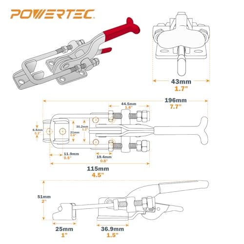 Image of POWERTEC 2PK Toggle Clamp, 700 lbs Holding Capacity, 431 Self-Lock U-Bolt Adjustable Latch w /Antislip Hand Grip for Woodworking Jigs & Fixtures, Smoker, Tire Carrier, Tool Box, Cabinet (20341)