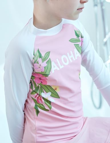 Image of PHIBEE Girls' Rash Guard Set Long Sleeve UPF 50+ Sun Protection Two-Piece Swimwear Pink /White 12