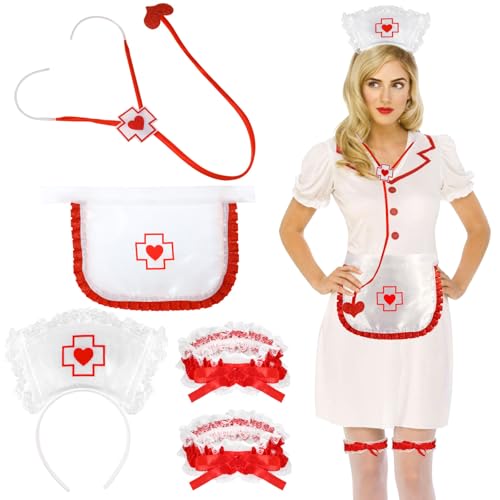 XEPST Krankenschwester Kostüm Set für Frauen - 5 STÜCK Krankenschwester Kostümzubehör mit Krankenschwesterhut Stirnband Stethoskop Krankenschwester Schürze für Halloween Cosplay Karneval Kostüm