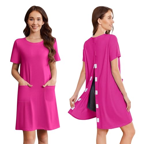 Image of Deyeek Open Back Hospital Gowns for Women Tear Away Short Sleeve Post Surgery Soft Nightgowns for Elderly Women with Pocket