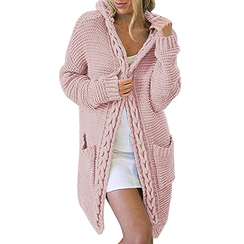 Women's Long, Chunky Knitted Cardigan, Women's Autumn Winter Long Sleeve Sweater Coat with Hood, Medium Length, Warm Outwear, pink, M Women's Long, Chunky Knitted Cardigan, Women's Autumn Winter Long Sleeve Sweater Coat with Hood, Medium Length, Warm Outwear, pink, M