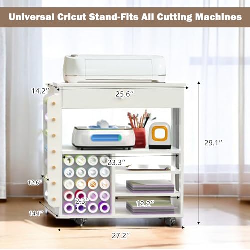 Image of Craft Table,Craft Cart for Cricut Organization and Storage,Craft Desk with Vinyl Roll Holders&Drawer&Hooks,Craft Cabinet Table and Heat Press Stand Workstation for Cricut Craft Room-White