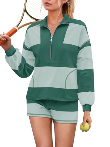 Yanekop Womens 2 Piece Fall Lounge Sets Striped Matching Sweat Sets Oversized Two Piece Workout Outfits Set with Pocket