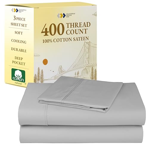 California Design Den Natural 100% Cotton Sheets, Twin XL Sheets Set, 400 Thread Count Sateen Bedding for Dorm Rooms & Adults, Deep Pockets, Cool & Durable - Light Grey
