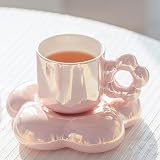 Disoza Süße Kaffeetassen Set mit Untertasse Rosa Blumen Tasse Geschenke für Frauen zum Geburtstag 250 ml Keramik Tee Kaffee Becher mit Untertasse Geburtstagsgeschenk für Frauen Mädchen Mama Freundin