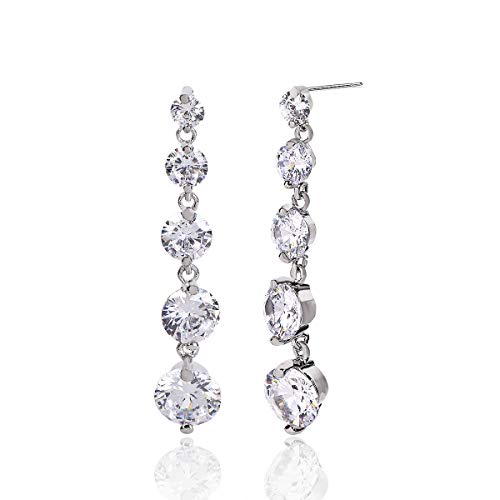 Cubic Zirconia Dangle Earrings Wedding - Streling Silver Bridal Jewelry for Bride Bridesmaids Round CZ Crystal Rhinestone Drop Earrings for Women Party Prom