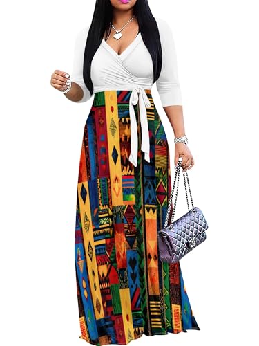Image of PinkPatty Plus Size Maxi Dresses for Women Casual Flowy Long Dress 3 /4 Sleeve V Neck Wrap Dress with Belt