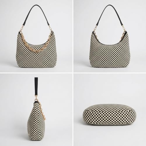 Bolso bandolera para mujer, bolso tote de cuero tejido con cadena metálica miniatura 4