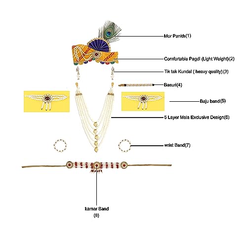 Image of Krishna Dress for Kids, Baby Krishna Dress for Janmashtami with Krishna Mukut, Peacock Feather & Flute Embroidered Krishna Costume for Girl & Boy, 3 Months-8 Years