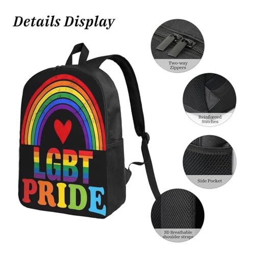 LGBT Rainbow Gay Pride Love Heart 17 Inch Backpack Sets Lunch Bag Lightweight Daypack for Men Women 3Pcs3