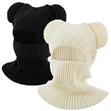 2 Pcs Winter Hats for Women Warm Balaclava Knit Skull Beanie Hat Bear Ski Mask with Ears Black and White Woman Bear Ears Hooded Scarf Cap for Women Christmas Party Gift Cold Weather Skiing Climbing
