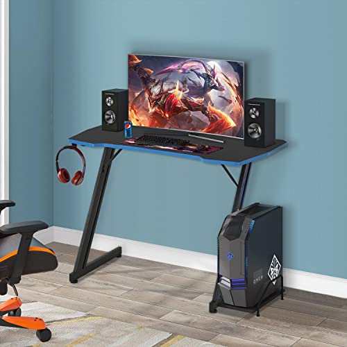 Image of BestOffice Gmaing Desk Z Shaped 39.4in Computer Gaming Workstation Ergonomic Gaming Table with Headphone Hook for Game Players, Blue