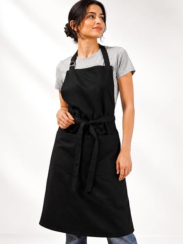 Image of Kitchen Apron - 100% Cotton, Adjustable Neck strap, Large Pocket - Unisex Apron for Men & Women - Cooking, Baking, BBQ, Gardening - Solid Colours, Striped and Checkered Patterns