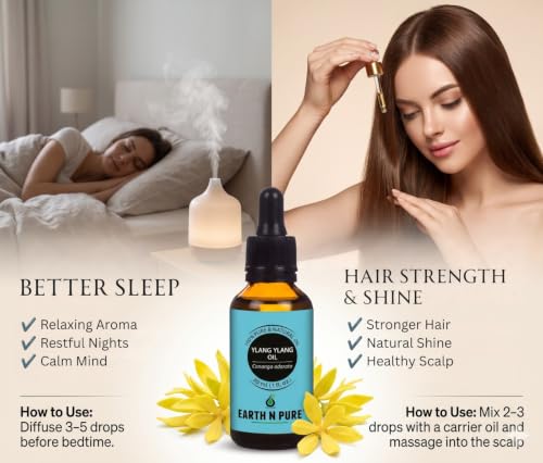 Image of Earth N Pure Ylang Ylang Essential Oil | 100% Pure & Natural | Steam Distilled & Undiluted | For Relaxation, Skin & Hair Care | 30ml