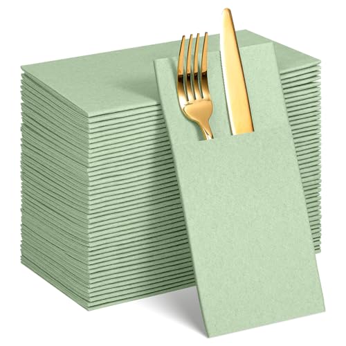 60 Pcs Sage Green Linen-Feel Paper Napkins with Built-in Flatware Pocket, Pocket Linen Napkins Prefolded Cloth Like Paper Napkins Bulk for Silverware Wedding Baby Shower Birthday Bridal Party