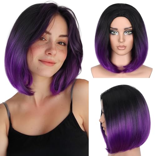HANNE Ombre Purple Bob Wig Short Straight Bob Wig Heat Resistant Synthetic Hair Wigs for Black Women Halloween Cosplay Wigs (Black to Purple)