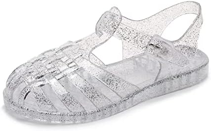 Jelly Shoes for Toddler Girls Summer Beach Retro Jellies Sandals T-Strap Slingback Little Kids Glitter White Size 10 Soft Closed Toe Princess Dress Flat