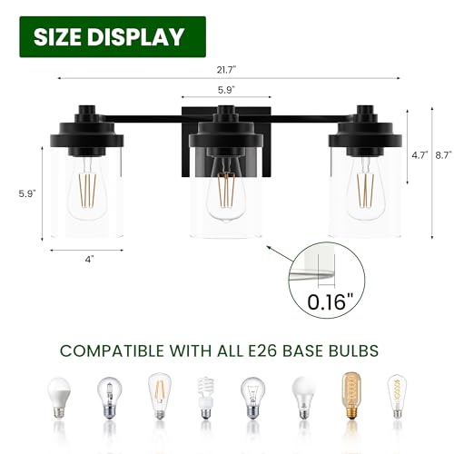 Image of Bathroom Vanity Light Fixture, 3-Light Modern Black Vanity Light Fixtures with Clear Glass Shade, Matte Black Bathroom Light Fixtures Over Mirror, Rustic Restroom Lighting Fixtures