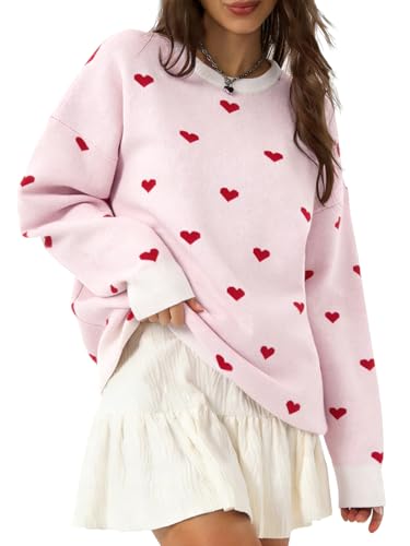 UNIQUEONE Valentines Sweater Women Love Sweatshirt Heart Graphic Knit Sweaters Romantic Valentine Day Oversized Crewneck Tops A-pink