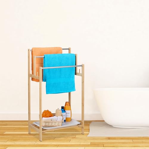 Relaxdays Toallero de Pie con Balda Inferior, 3 Barras en Escalera, Soporte Toallas, Bambú, Metal, 90x51x30,5cm, Natural - imagen 2