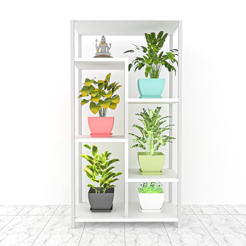 Image of ELUVIA 7-inch Square Planters with Saucers (Set of 5) - Modern Fluted Flower Pots with Drainage Holes and Trays - Premium Plastic Indoor Outdoor Plant Pots for Succulents, Flowers (Multi Color)