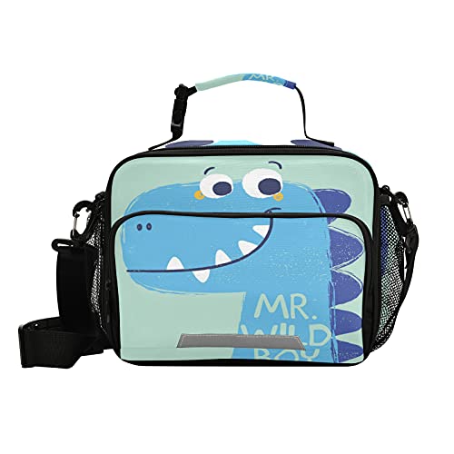 Mnsruu Bolsa de almuerzo con diseño de dinosaurio azul para niños, con correa para el hombro, para escuela, picnic, aperitivos, resistente al agua, térmica, soporte para botellas, sin PBA