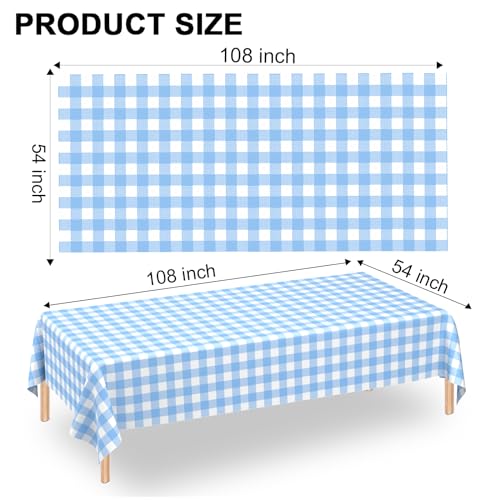 Image of 2 Pack Light Blue Gingham Tablecloth Rectangular Pale Blue and White Checkered Tablecloths Disposable Plastic Plaid Table Cover for Parties, Outdoor Picnic, Birthday, Wedding, Camping 54 x 108 Inch