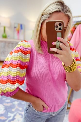 Stylish Spring Knitwear: Pink Ribbed Top with Short Sleeves and High Neckline4