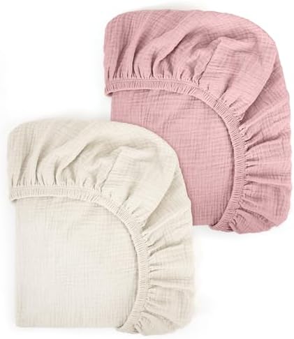 Peepeemax Musselin-Baumwolle Spannbettlaken 80x40cm, Kinderwagen Spannbettlaken Stubenwagen Matratzenbezug für Moseskorb, Babybett und Beistellbett für Jungen und Mädchen, 2er Pack