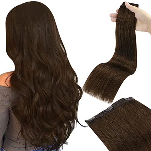 One Piece Hair Extensions Clip in Human Hair Dark Brown Double Weft One Piece Extensions 3/4 Full Head #4 Chocolate Brown Hair Extensions One Piece Clip in Brazilian Hair 14inch 70g