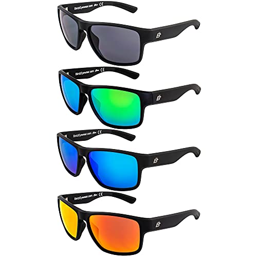Birdz Eyewear Glide 4 Pairs Sunglasses for Men or Women Scratch Resistant Lens Lightweight Black Square Frame Smoke Green Blue and Red Mirror Lens