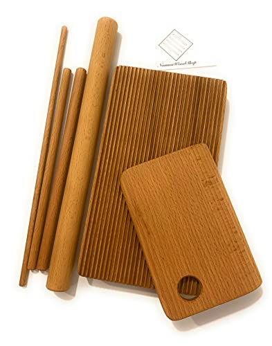 Handmade pasta board set, 6 piece, macaroni, trofie, garganelli, beech wood