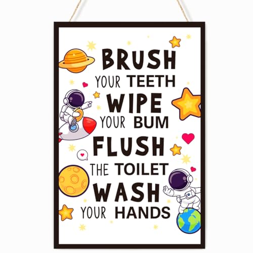 Kids Space Astronaut Bathroom Wall Decor,Wash Brush Flush Wipe Astronaut