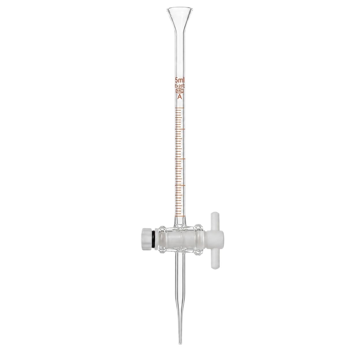 Labor-Glasbürette mit Trichter-Oberteil und PTFE-Ventil-5mL/0.02 | Mehrzweck-Labor-Glasgerät Ideal für Mehrfachtitration und Analyse