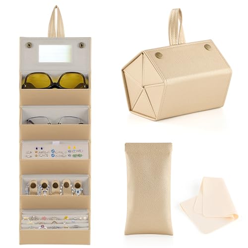CO-Z 5-Slot Sunglasses Organizer, Folding Glasses Organizer for Multiple Pairs with Mirror, Travel...